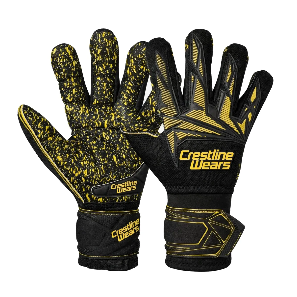Crestline Wears Apex Strike black and gold negative cut goalkeeper gloves, palm and backhand view