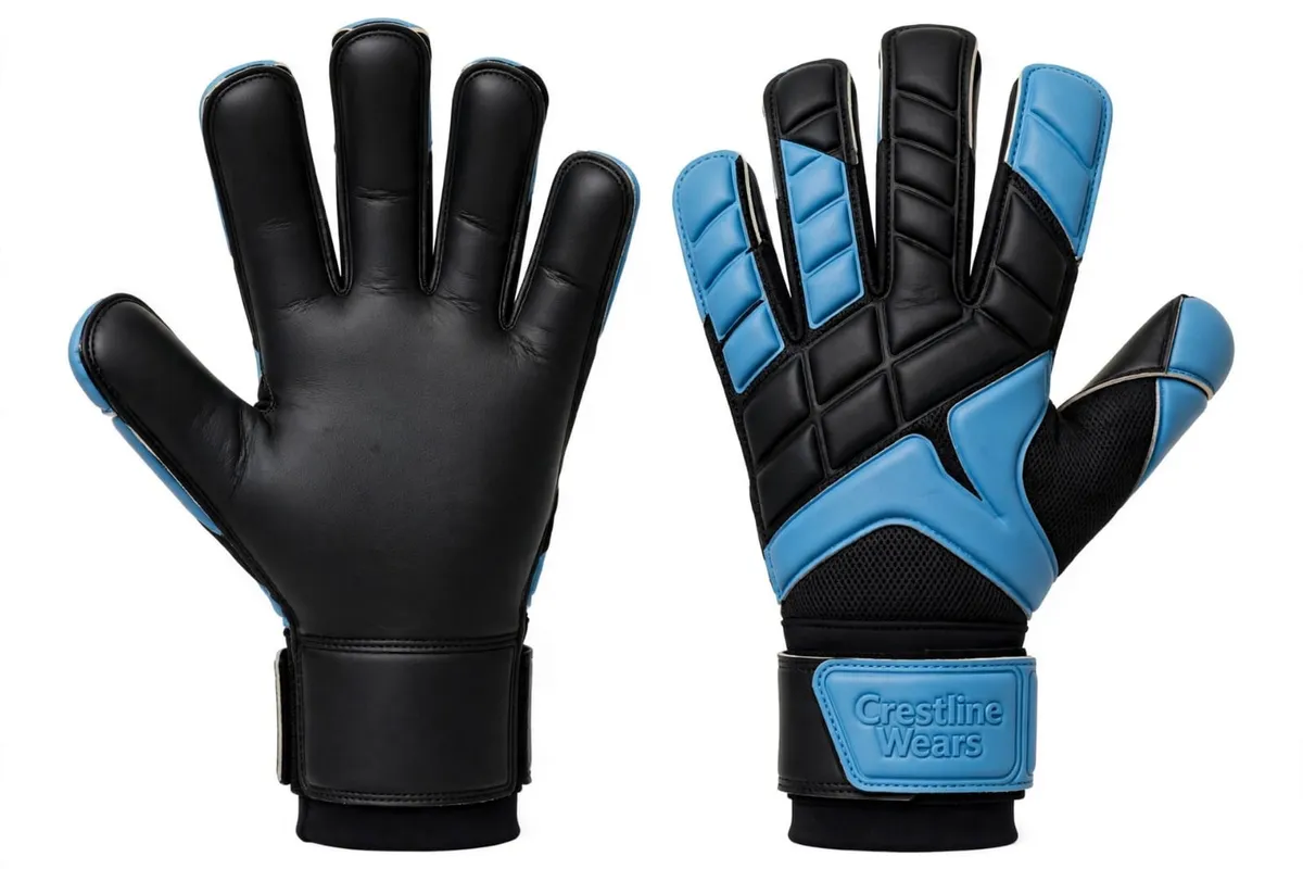 Crestline Wears Midnight Ice black and sky blue goalkeeper gloves, palm and backhand