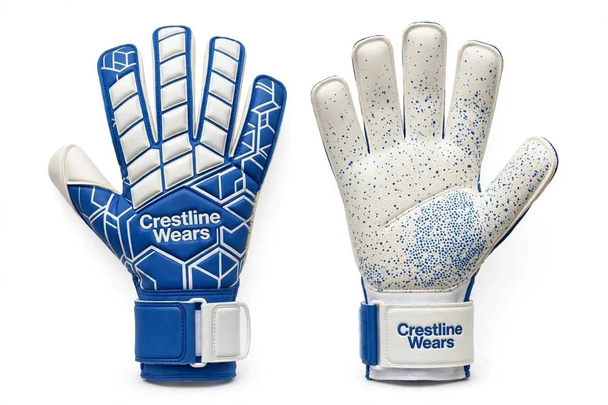 Crestline Wears Royal Hex royal blue and white goalkeeper gloves with hexagon backhand and speckled latex palm